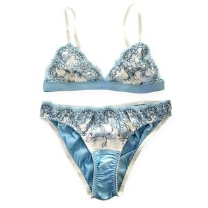 Angela Friedman London Silk Lace Bra and Panty set powder blue floral satin new